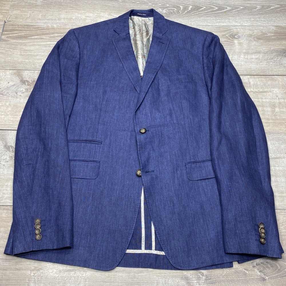 Alan Flasser Sport Coat Mens 44R Blue 100% Linen 2 Button Blazer Summer Wedding